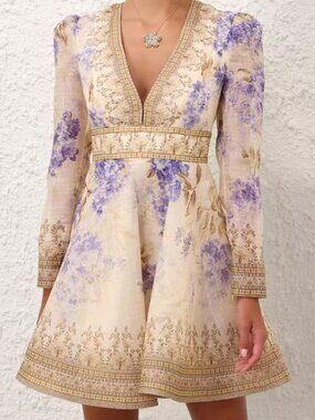 Zimmermann Deep V-Neck Floral Linen Maxi Dress - Size 2